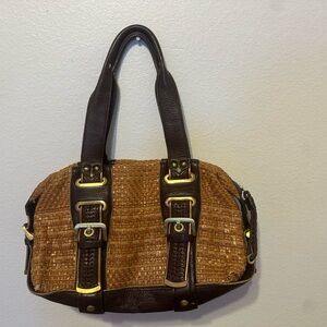 Kenneth Cole Reaction Y2K Woven Leather Satchel Brown Brass Buckle Bag g